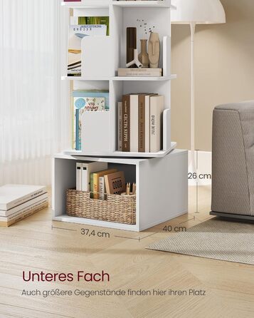 Колекція Custos - Обертова книжкова шафа, 5-ярусна полиця для зберігання, Окремостояча полиця з відкритими відділеннями, 40 x 40 x 155,8 см, для спальні, вітальні, офісу, Хмарно-білий LBC472WB01