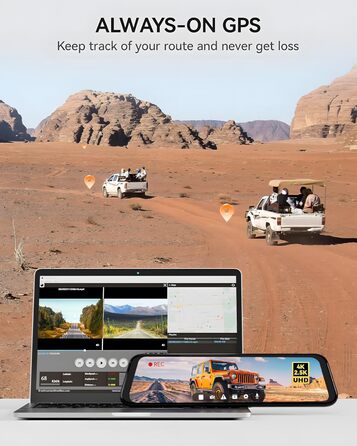 Для дзеркала заднього виду відеореєстратор для переднього та дзеркала заднього виду для автомобіля з екраном 12 дюймів, камерою WDR, нічним баченням, GPS та безкоштовною картою на 64 ГБ (G900), 4K 2.5K