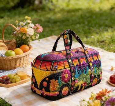 Дорожня сумка TIAASTAP Hippie Van VW Bulli - барвиста богемна стьобана сумка для вихідних зі знаком миру та ромашками, стьобана дорожня сумка, сумка для кемпінгу для свят, карнавалу та вечірок 3