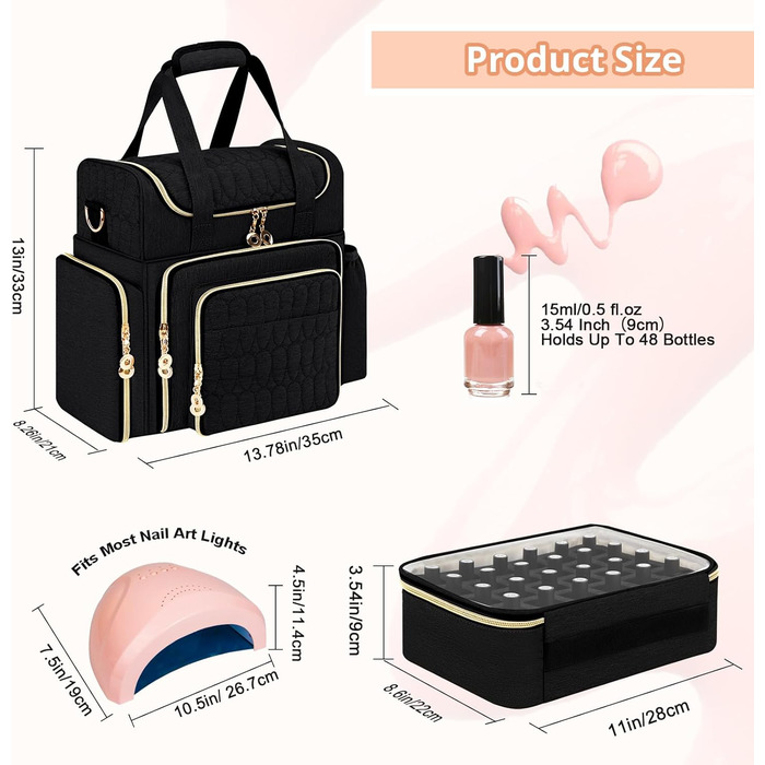 Мішечок для зберігання лаку для нігтів, двошаровий органайзер для 70 флаконів (до 15 мл), портативний мішечок для сушарок для нігтів, ламп для нігтів та аксесуарів для лаків - чорний