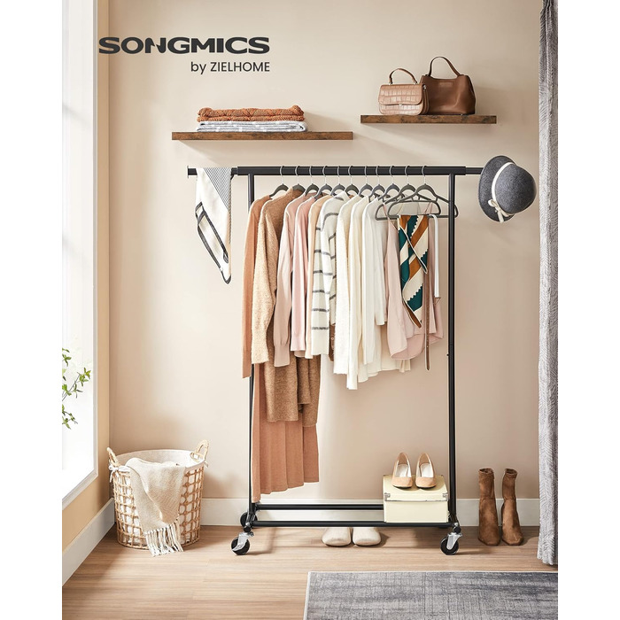 Вішалка для одягу на колесах, Міцна підставка для гардеробу, Розсувна вішалка для одягу, Вантажопідйомність до 100 кг, Легке складання, Портативна, Чорний HSR13BKV1 Чорний (92-132)Ш см