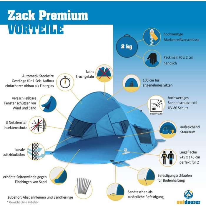 Намет-пляжний намет outdoorer Pop-up Zack Premium - що вкладається з захистом від сонця UV 80, пляжний, вітрозахисний, синій