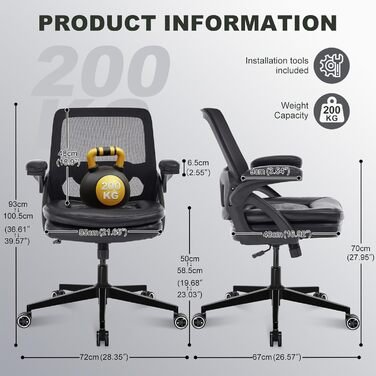 Офісний стілець, стілець для столу, обертовий стілець із сітчастою оббивкою, ергономічний, поперекова підтримка, сидіння 72 см, складні підлокітники, для офісу, домашнього офісу, кабінету, чорний