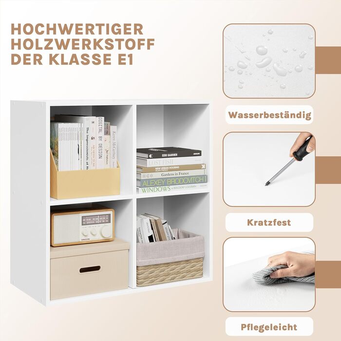 Книжкова полиця WOLTU з 4 кубами, дерев&39яна система зберігання в скандинавському стилі, самонесуча, із захистом від перекидання, для спальні, вітальні, кабінету, офісу, біла, 60 x 60 x 30 см, 4 відділення (29 Г x 59,6 Ш x 59,8 В см) Біла