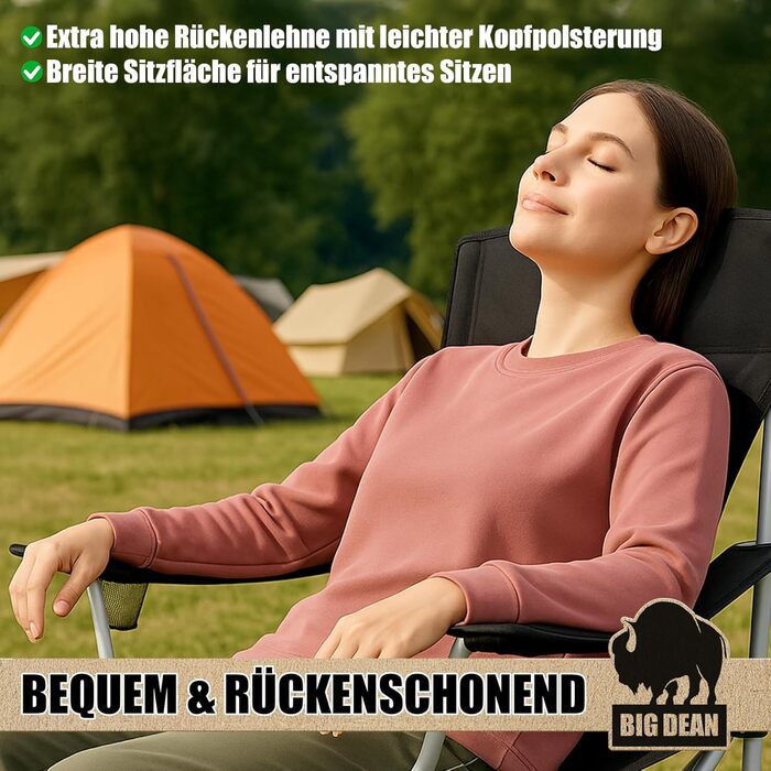 Комплект з 2 кемпінгових стільців BigDean з надзвичайно високою спинкою, максимальне навантаження 150 кг, розкладне стілець, рибальське крісло, розкладне крісло, кемпінгове крісло, розкладне рибальське крісло, кемпінгові стільці, садове крісло