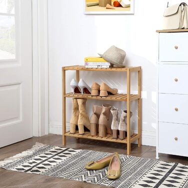 Полиця для ванної кімнати SONGMICS, кухонна полиця, взуттєва полиця з 3 ярусами, бамбукова окремостояча полиця, 26 x 60 x 66 см, для ванної кімнати, вітальні, коридору, кухні, натуральний бежевий BCB33Y 3 рівні натуральний бежевий