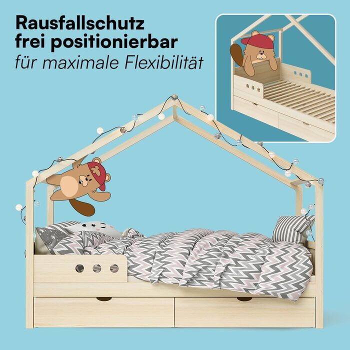 Дитяче ліжко Bellabino Bela 90x200 см Розсувне ліжко-будиночок з поручнями та рейковою основою Дитяче ліжко з гостьовим ліжком для хлопчиків та дівчаток Дерев&39яне ліжко-будиночок Монтессорі з натуральним покриттям та гостьовим ліжком Матрац не входить д