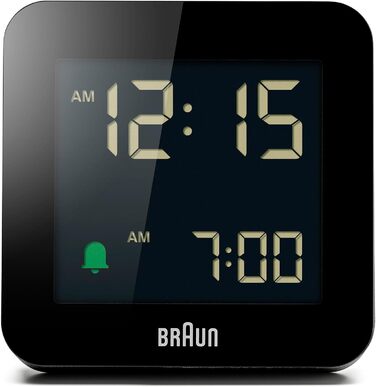 Цифровий будильник Braun з функцією повтору, негативним РК-дисплеєм, функцією швидкого налаштування, будильником Crescendo чорного кольору, модель BC09B. 1 упаковка