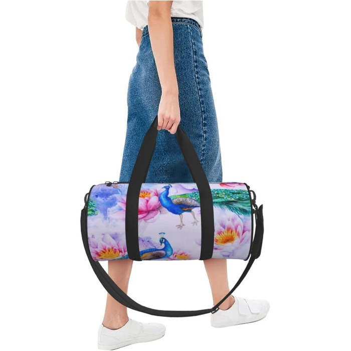 Спортивна сумка для подорожей, стильна з принтом павича та лотоса, дорожня сумка на ніч, чорна, універсальний розмір
