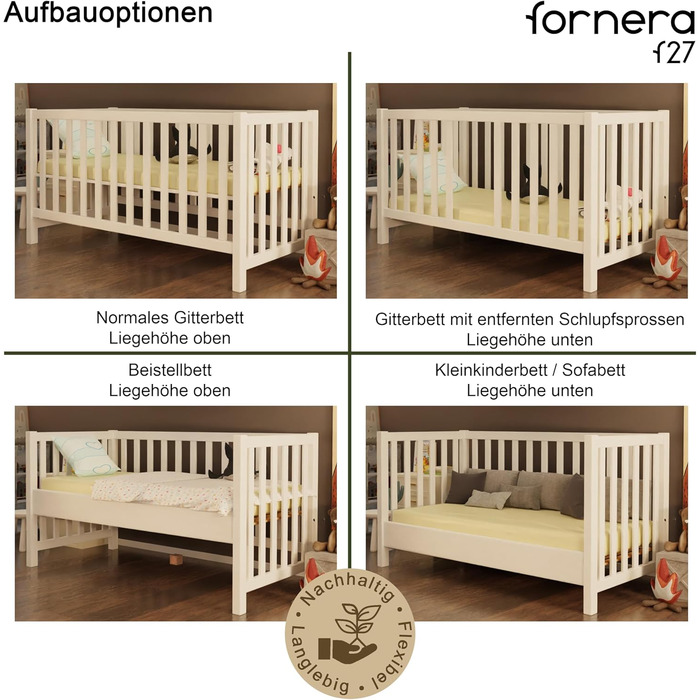 Дитяче ліжко з масиву дерева/для малюків, дитяче ліжко з масиву дерева для хлопчиків та дівчаток, з високоякісною рейковою основою, регульована висота зі знімними рейками, 70x140 см (біле (лаковане), 140 x 70 см) Біле (лаковане) 140 x 70 см, 27