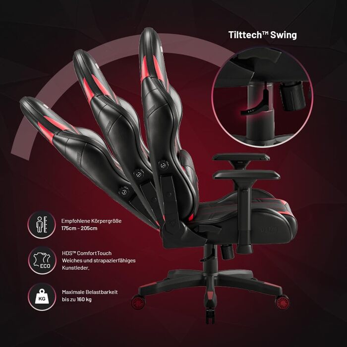 Геймерське крісло Diablo X-Ray, офісне крісло, геймерське крісло, письмове крісло, 4D підлокітники, ергономічний дизайн, штучна шкіра, перфороване, функція гойдання, чорно-червоне, розмір King (XL)