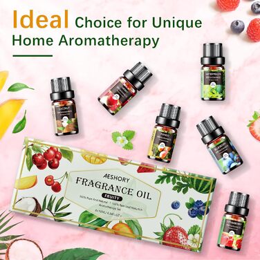 Набір фруктових ефірних олій AESHORY для дифузора 6 x 10 мл, подарунковий набір ароматичних олій для ароматерапії, 100 чиста натуральна ароматична олія для зволожувача повітря - полуниця, чорниця, вишня, кокос, кавун, манго