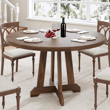 Круглий обідній стіл на 4-6 осіб, кухонний стіл зі стійкою хрестоподібною дерев&39яною основою, обідній стіл у фермерському стилі, для їдальні, кухні, вітальні, 122x122x76 см, дуб, тільки стіл Golden Phoebe