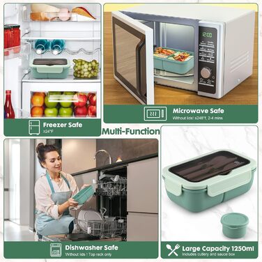 Ланчбокс Sinnsally з роздільниками, 1250 мл, набір. Контейнер для обіду для дорослих, коробка для сніданку, пенал для бутербродів з приборами. Ланч-бокс для перекусу, зелений колір.