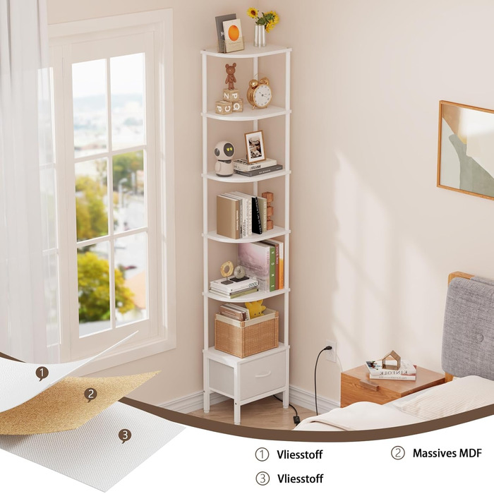 Полиця, книжкова шафа з 6 полицями, полиця зі світлодіодним підсвічуванням та тканинною шухлядою, вузька вітрина для кутів, вітальня, спальня, кутова полиця, 191 см білий колір, 6 полиць (191 см)