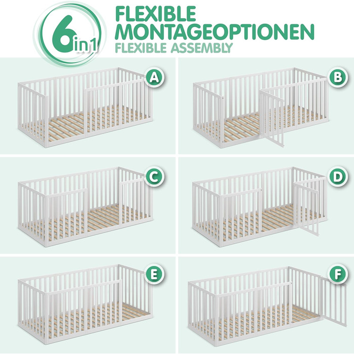 Дитяче ліжко CADANI Teso 90x200 см Ліжко-ліжко Монтессорі з дверцятами та захистом від падіння, 6 варіантів складання, масив сосни білого кольору, можна використовувати як манеж, вкл. рейкову основу 90 x 200 см білого кольору з дверцятами