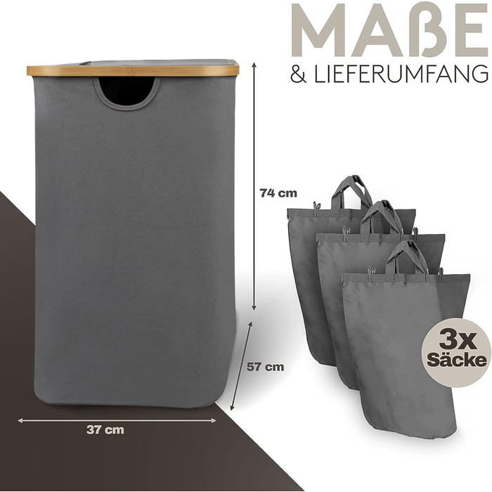 Кошик для білизни з 1 кришкою 2 відділення 150 л Бамбукова тканина Сірий Великий XXL - Кошик для білизни Сірий Темно-сірий Антраци