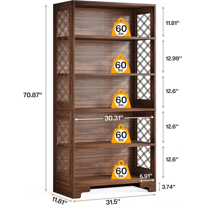 Книжкова полиця Tribesigns, вінтажна окремостояча полиця заввишки 180 см, 6-ярусна дерев&39яна книжкова полиця з відкритими полицями, для вітальні, домашнього офісу, промисловий дизайн, вінтажно-коричневий колір