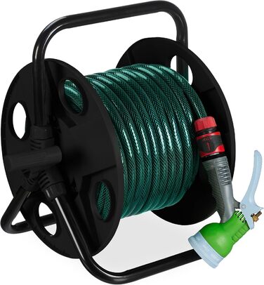 Котушка для шланга Relaxdays, для 30 м шланга 1/2, сталь, пластик, тримач шланга, ВхШхГ 38 x 42 x 31 см, чорний