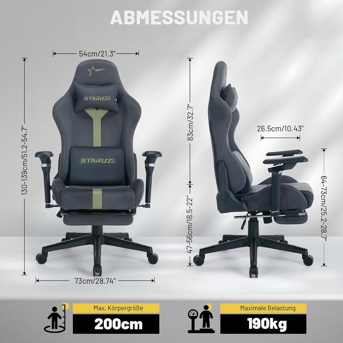 Ергономічне ігрове крісло з регульованими підлокітниками 6D - штучна шкіра, ігрове крісло для ПК з підставкою для ніг, дихаюче ігрове крісло з кутом нахилу 90-155, сіро-зелена штучна замша - зелені нейлонові ніжки