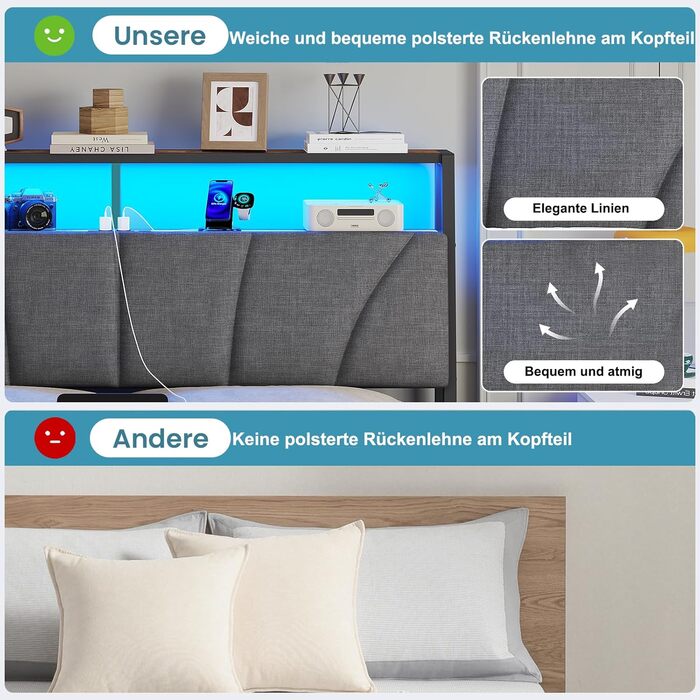 Ліжко 180x200 з металевою рейковою основою, двоспальне ліжко 180x200 см зі світлодіодним підсвічуванням, каркас ліжка 180x200 см з узголів&39ям та зарядною станцією (2 розетки змінного струму, 2 USB-порти) Сучасне, сіро-сірий 180x200 см