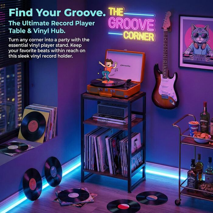 Підставка для програвача платівок, 3-ярусний бічний столик, столик для програвача платівок, до 120 альбомів, столик для вітальні, спальні, вінтажний коричневий (сільський коричневий)