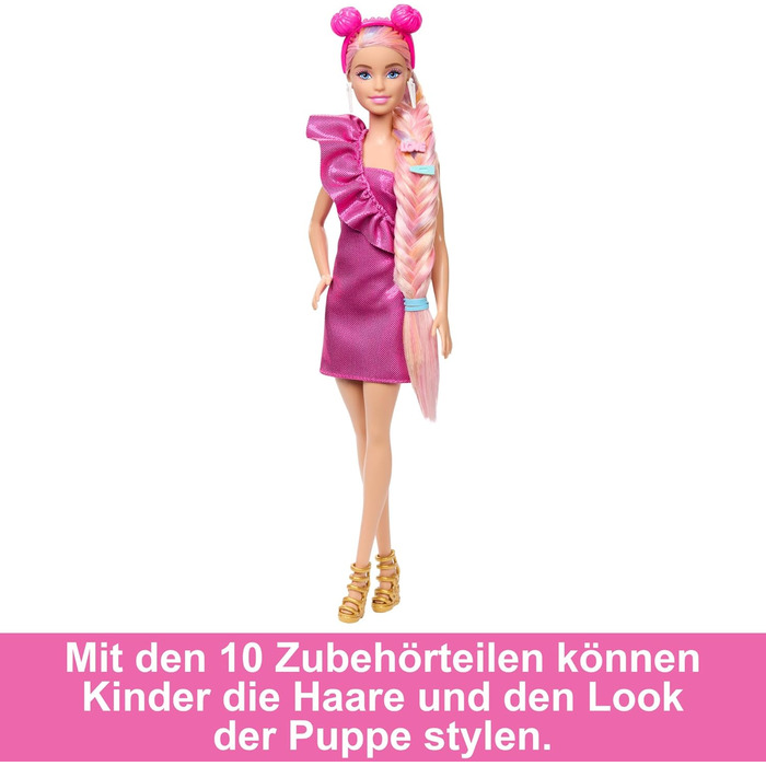 Лялька Barbie, Fun & Fancy Hair з наддовгим барвистим світлим волоссям і блискучою рожевою сукнею, 10 аксесуарів для зачіски та мо