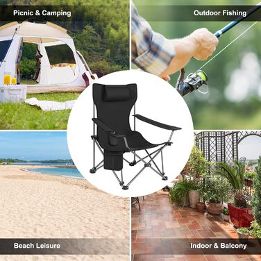Крісло для кемпінгу WOLTU, складне рибальське крісло, надлегке крісло, крісло-відкидка зі спинкою, підставка для ніг, тримач для напоїв, сумка для зберігання, шезлонг, вантажопідйомність 150 кг, складне крісло з тканини Оксфорд, чорне