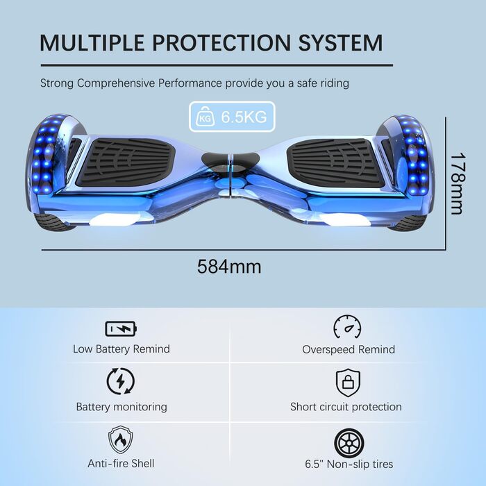 Ховерборди RCB 6,5 дюйма – для дітей та підлітків з Bluetooth, світлодіодний з потужним двигуном, подарунок для дітей, хромований синій