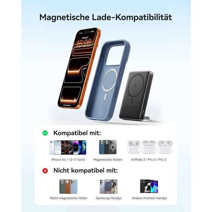 Найтонший магнітний портативний зарядний пристрій ємністю 10000 мАг, сертифікований Qi2, потужністю 15 Вт, надшвидкі зовнішні акумулятори для телефону потужністю 45 Вт з кабелем USB-C, портативний зарядний пристрій із підставкою лише для iPhone 17, 16, 15