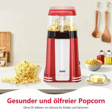Машина для приготування попкорну YASHE Retro, машина для приготування попкорну з гарячим повітрям потужністю 1200 Вт з мірним стаканчиком, одним дотиком, без олії, ідеально підходить для домашнього кінотеатру, вечорів кіно, вечірок