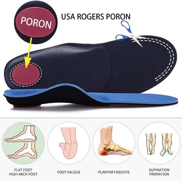 Ортопедичні устілки VALSOLE для жінок та чоловіків, висока підтримка стопи, м&39які функціональні вкладки для взуття при плоскостопості, плантарному фасціїті, болю в стопі 37-38 EU 24 см синього кольору
