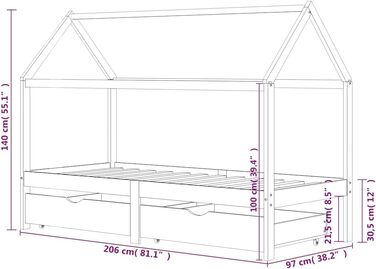 Дитяче ліжко з масиву дерева з 2 шухлядами в стилі будиночку на дереві, 90x200 см, темно-сірий колір, місце для зберігання речей та міцна рейкова конструкція, 206 x 97 x 140 см, темно-сірий колір