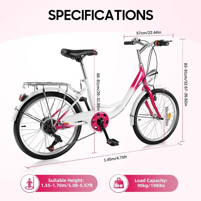 Преміальний 20-дюймовий велосипед для дівчаток, 6 швидкостей, рожевий, рама з вуглецевої сталі з передніми та задніми гальмами, регулювання висоти для зросту 145-165 см, максимальне навантаження 90 кг