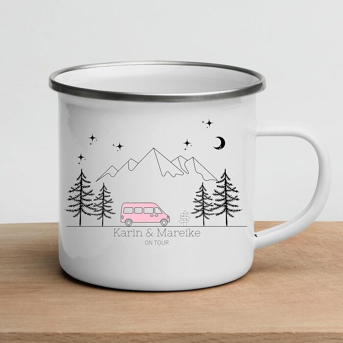 Емальована кружка &quotМаленька Матильда&quot, барвиста персоналізована кемпінгова кружка з іменем для кемпінгу, кавова кружка, аксесуар для каравану, кружка з нержавіючої сталі, подарунок для кемперів (рожевий кемпер)