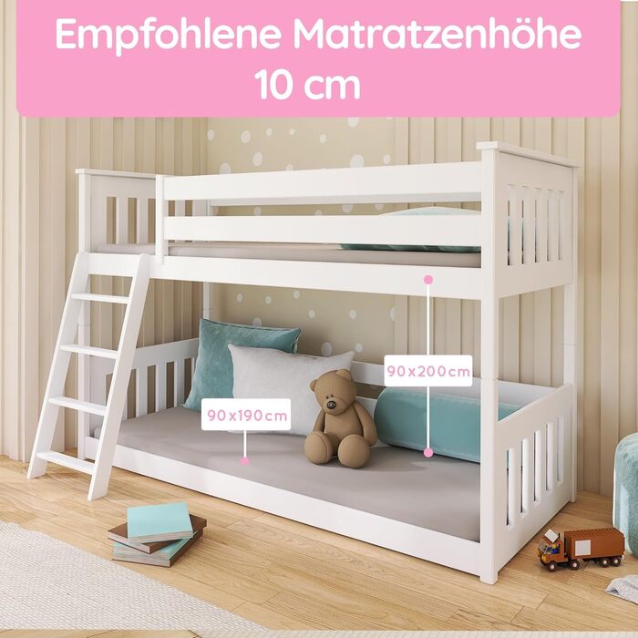 Дитяче ліжко-горище 90x200 см з поручнями та двома рейковими основами білого кольору Ліжко для дівчаток та хлопчиків Дитяче ліжко Підліткове ліжко 90x200 см Для дітей віком від 4 до 18 років 90 x 200 см (матраци не входять до комплекту) Білий