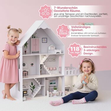 Дерев&39яний ляльковий будиночок Барбі, великий 118 см Kinderplay 3-поверховий ляльковий будиночок для дітей з меблями, світлодіодними лампами, наклейками та аксесуарами сучасний дерев&39яний ігровий будиночок, подарунок для дітей віком від 3 років, білий