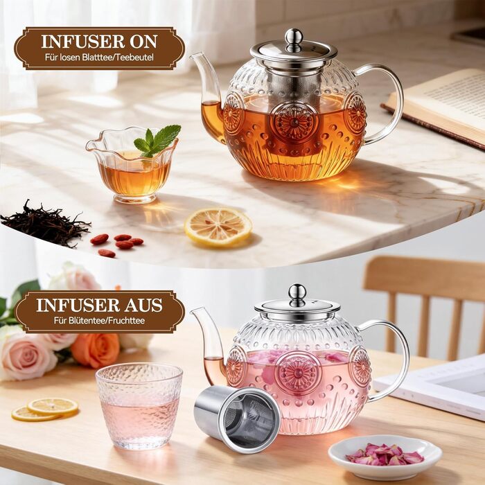 Чайник скляний з ситечком STNTUS, 1.2 л чайник для розсипного чаю та квіткового чаю, жаростійке боросилікатне скло, зручний вилив HX-1200 мл