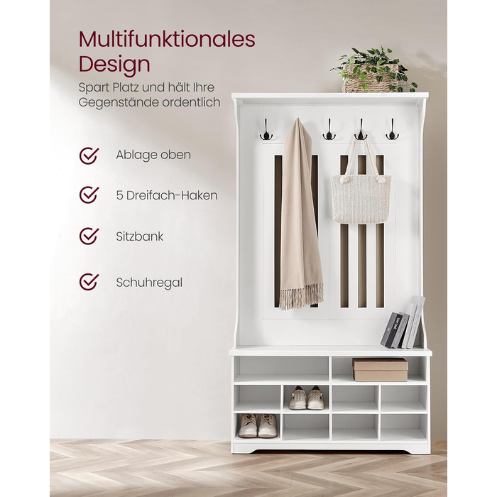 Вішалка для верхнього одягу VASAGLE з лавкою для взуття, шафа, місце для зберігання взуття, 5 потрійних гачків, окремостояча, компактна, для вхідної зони, коридору, регульовані полиці, хмарно-білий HSR404T10