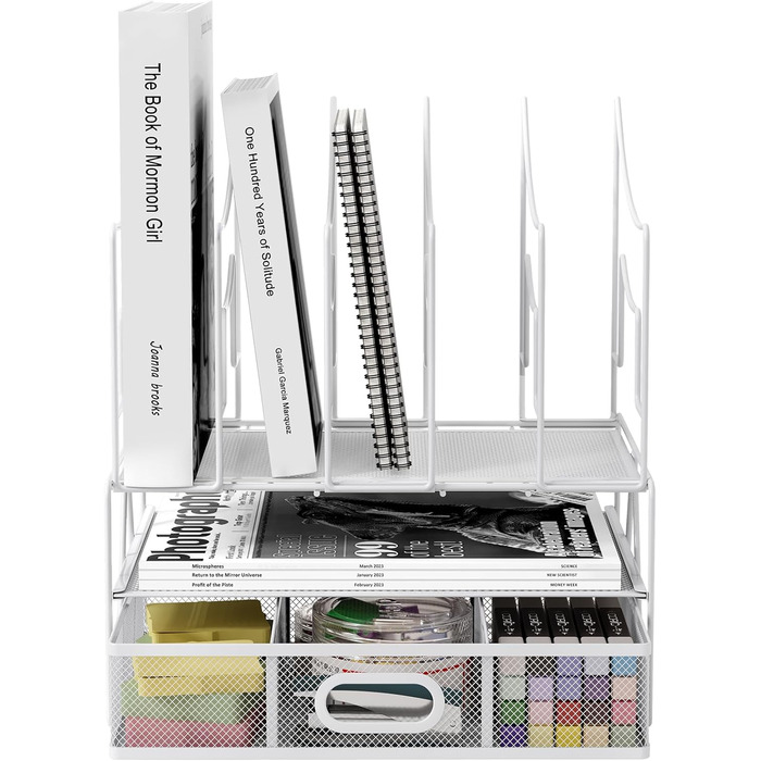 Металевий офісний органайзер EasyPAG A4 з 6 відділеннями, тримач для документів, лоток для файлів, тримач для журналів, лоток для листів, органайзер для паперових журналів з шухлядою для канцелярського приладдя, білий