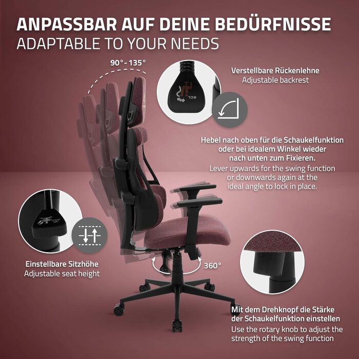 Ігрове крісло ML-Design, тканина, червоне, ергономічне офісне крісло, 3D підлокітники, підголівник, поперекова підтримка, індивідуально регульоване ігрове крісло, геймерське крісло, комп&39ютерне крісло, письмове крісло для домашнього офісу