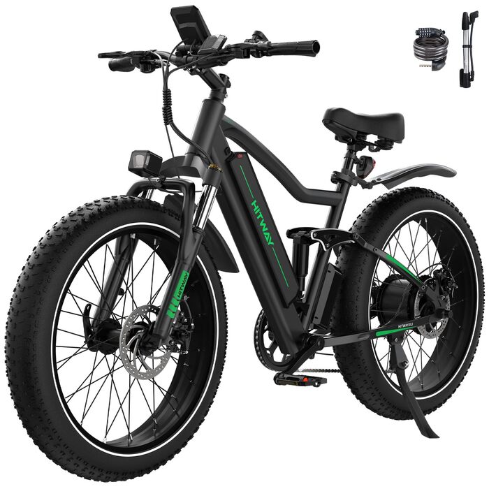 Електричний велосипед HITWAY E-Bike для дорослих 26 дюймів 4.0 Fat Tire, гірський електричний велосипед 48V 15Ah, Pedelec, 7 швидкостей, до 70-150 км, зарядний пристрій акумулятор 48V 15Ah, чорний
