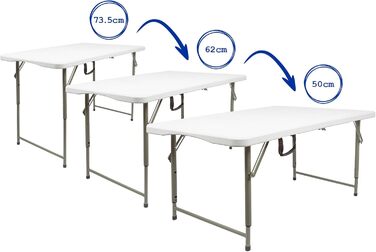 Білий 120 см (4 фути) Розкладний пластиковий стіл з регульованою висотою - Міцні складні садові кемпінгові столи