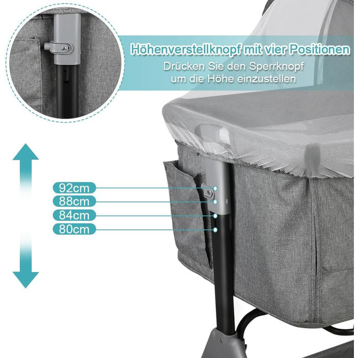 Дитяче ліжко Supfine Cododo 3-в-1 з матрацом та москітною сіткою, регульована висота, мобільна дитяча колиска для новонароджених/немовлят, ліжко Cododo з кошиком для зберігання (сірий лляний колір, 104 * 52 * 100-110 см) 104*52*100-110 см лляний сірий кол