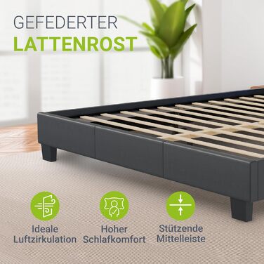 Ліжко Juskys Paris з м&39якою поверхнею 140x200 см зі світлодіодним освітленням, матрацом, рейковим каркасом та узголів&39ям - штучна шкіра та дерево - сіре - дитяче ліжко каркас ліжка темно-сірий 140 x 200 см