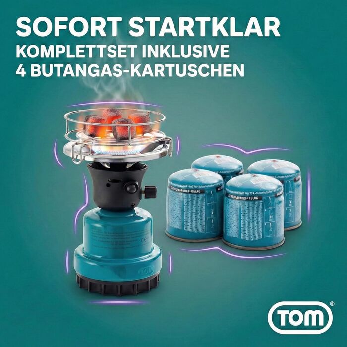 Набір газової кемпінгової плити TOM Adventure з 4 бутановими газовими картриджами 1 пальник п&39єзорозпал картриджна плита для кемпінгу, фестивалів та активного відпочинку або як вугільна запальничка