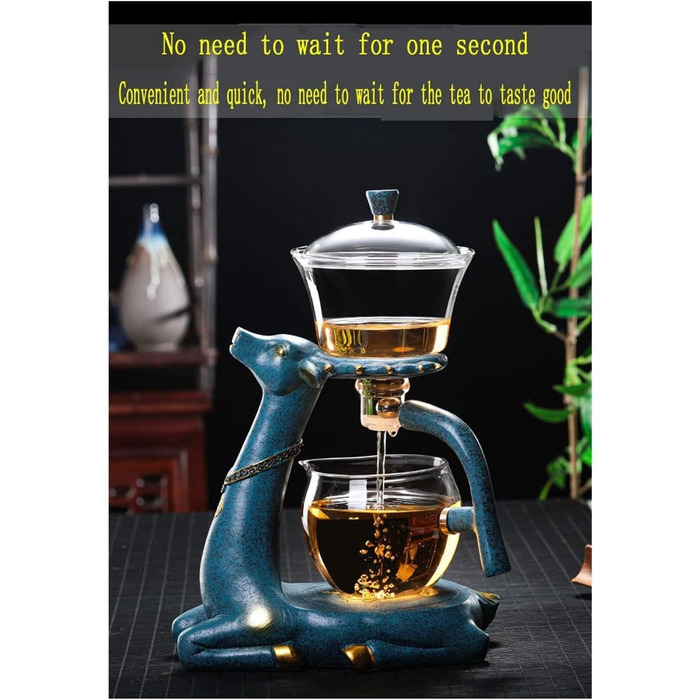 Набір скляних чайників RORA з напівавтоматичним обертанням та ситечком для чаю, Лінивий Кунг-Фу, (Олень) Синій