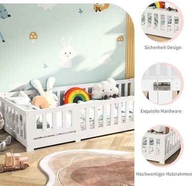 Підлогове ліжко 90x200 см дитяче ліжко із захистом від падіння та рейковою основою, дитяче ліжко Монтессорі, масив сосни, білий (Білий, 90 x 200 см) Білий 90 x 200 см