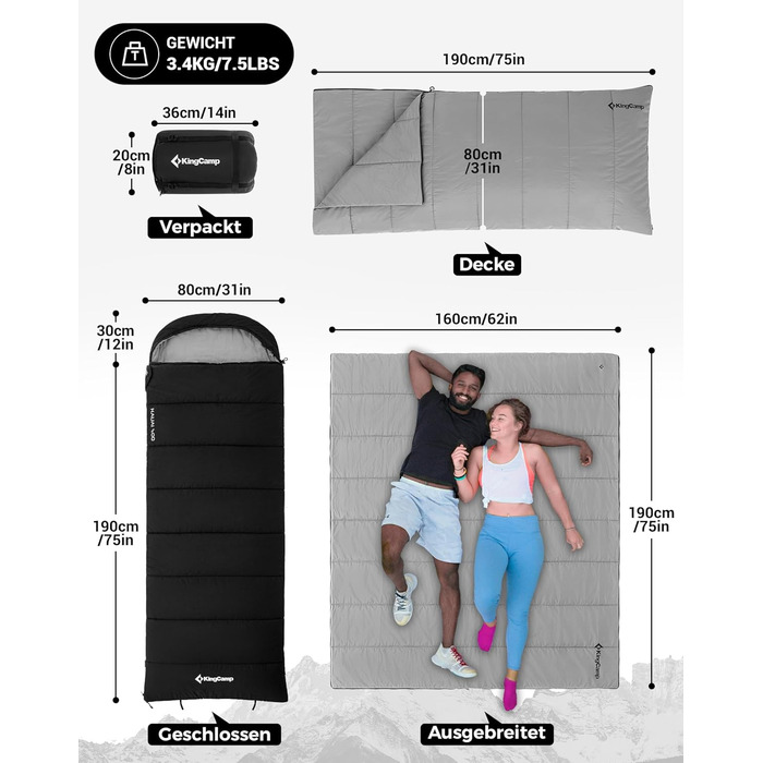 Пуховий спальний мішок KingCamp для дорослих, теплий легкий зимовий спальний мішок від 4C до -20C, 100 бавовняна тканина, 4-сезонний спальний мішок, підходить для кемпінгу та походів, 220x80 см, комфорт 1C / гранична температура -5C / екстремальна темпера