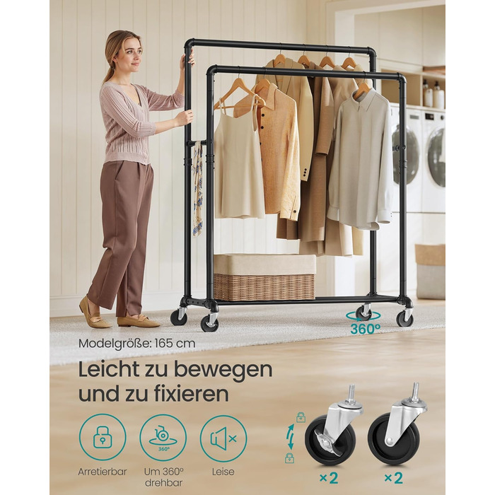 Вішалка для одягу SONGMICS, Штанга для одягу, Гардеробна підставка з 2 шт. ангами для одягу та полицею, Колеса, Вантажопідйомність до 110 кг, Промисловий дизайн, для спальні, Гардеробної, Чорний HSR60B Чорна одинарна рейка